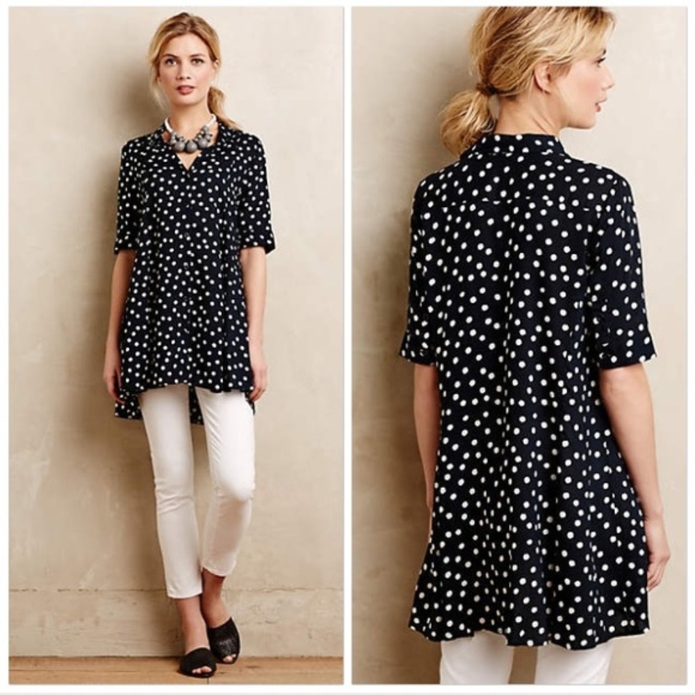 Anthropologie Black and White Polka Dot Button-Down Tunic
